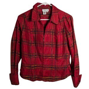 Coldwater Creek Women's Silk Red Gold Metallic Plaid Top Zip Front Petite Medium